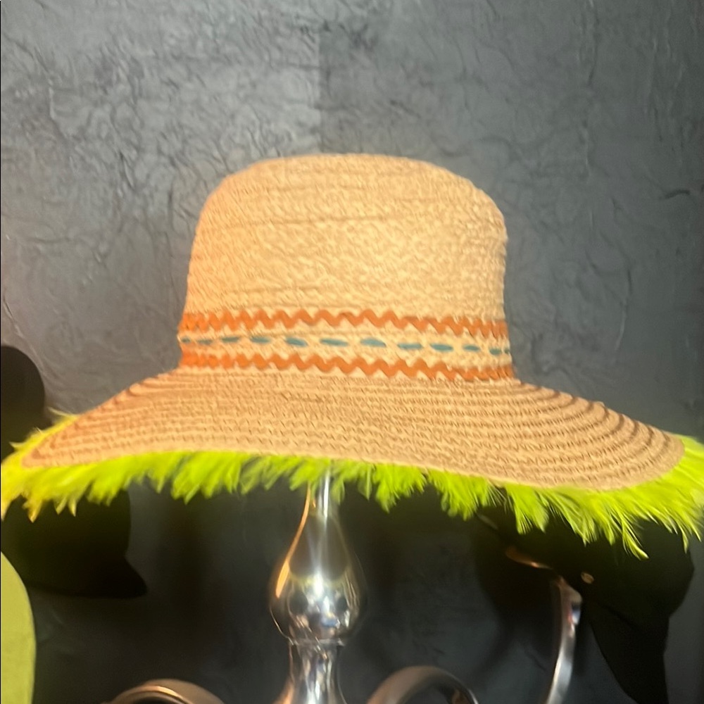 Tan Sun Hat with Wide Brim and Green Trim